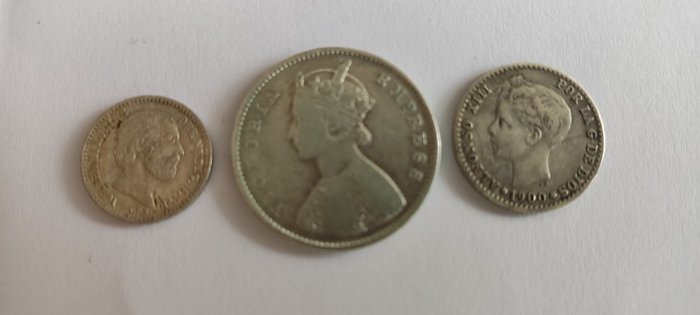 英屬印度, 荷蘭, 西班牙. A lot of 3x silver coins, 10c 1890, 50cvos 1900  (沒有保留價)
