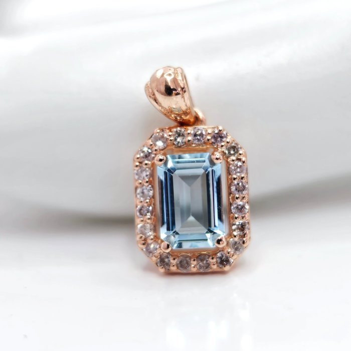 *no reserve* 0.60 ct Blue Aquamarine & 0.20 ct N.Fancy Pink Diamond Pendant - 1.20 gr - 14 kt Roségold - Anhänger - 0.60 ct Aquamarin - Diamant