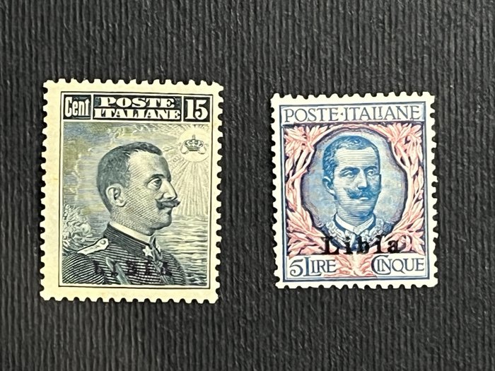 Italienske Libyen 1912/1915 - 15 Cent og 5 Lire - Vittorio Emanuel III - Sassone IT-LY 5 e Sassone IT-LY 11