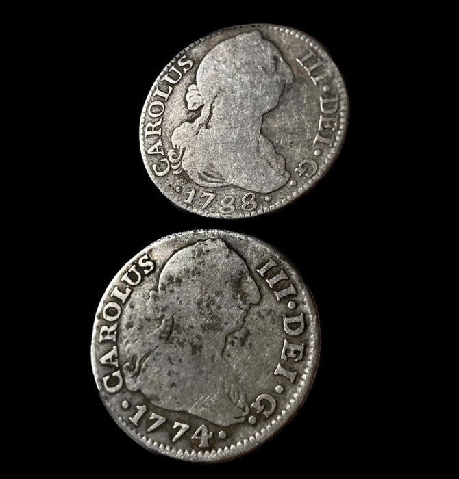 Espanja. Carlos III (1759-1788). 2 Reales 1774 Sevilla CF Y 1788 Madrid M  (2 monedas)  (Ei pohjahintaa)