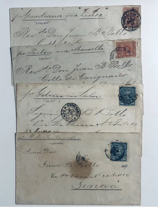 Uruguay  - Uruguay 1875/1890 erä 7 kirjettä Italiaan meritse, useita harvinaisia laivoja yhdessä