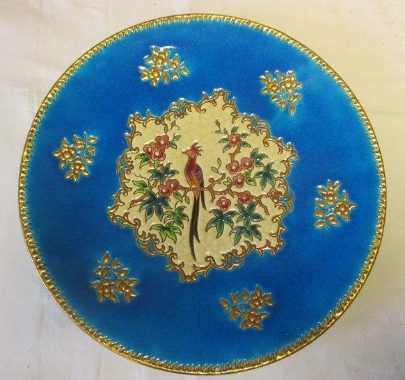 Emaux Longwy France groot bord sierbord met vogel - 盤子 - 陶瓷