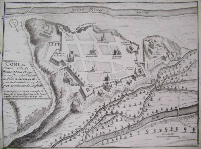 歐洲, 地圖 - 義大利 / 庫內奧 / 皮埃蒙特; Nicolas de Fer / Harmanaus Von Loon - Coni ou Cuneo Ville de Piemont, situè au conflans des Rivières de Gesse et Sture - 1681-1700