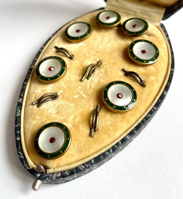 Ingen mindstepris - Manchetknapper Victoriansk grønne emalje MOP knapper i original æske 