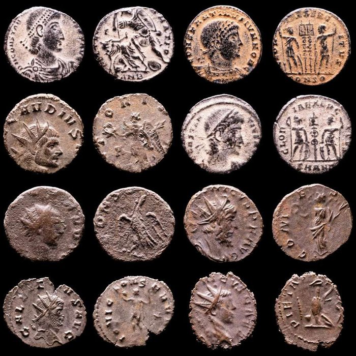 Roman Empire. Lot comprising eight (8) AE coins:  Antoninianus, Follis, Maiorinas. Antoninianus, Follis, Maiorinas. Constantius II (2), Constantine II, Claudius II (2), Gallienus, Tetricus I & II  (No Reserve Price)