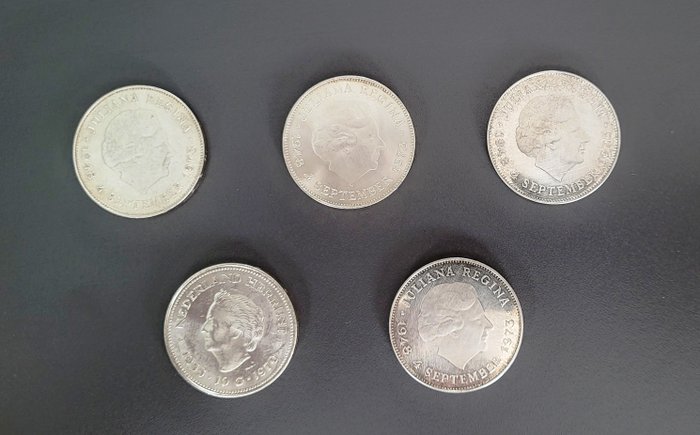 Nederländerna. Juliana (1948-1980). 10 Gulden 1970/1973 (5 stuks)  (Utan reservationspris)