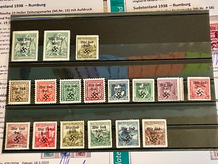 蘇台德區 1938 - 倫堡 - 僅帶有帶有照片的檢查郵票 -7 張照片 - 簡短的調查結果已蓋章且未使用 - - Michel Mi. Nr. 6 - 9, 2 - 15, 12, 19, 39, 49, 49 I