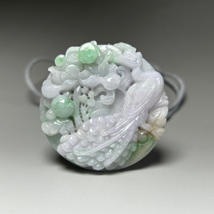 Pendant - Jadeite Carved Phoenix Flower Amulet - Asia  (No Reserve Price)