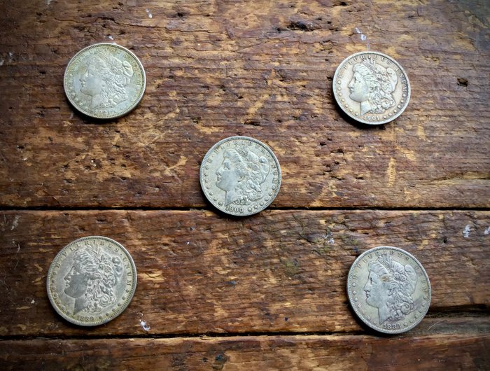 Egyesült Államok. A lot of 5x Morgan Dollars 1888-1921  (Nincs minimálár)