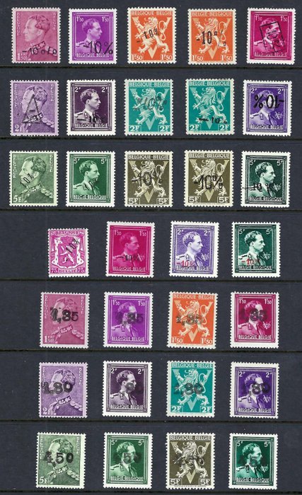 Belgien 1946 - Komplet sæt af alle serier med print -10% og serie "Gellen" (61 værdier) - OBP/COB 724A/P+724Q+724R/T+724X/W en 724a/vv