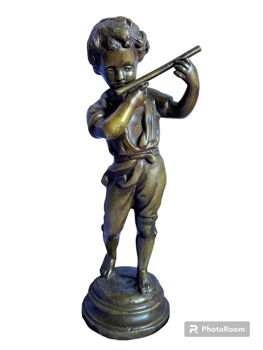 Escultura, Niño con flauta - 26 cm - Bronce