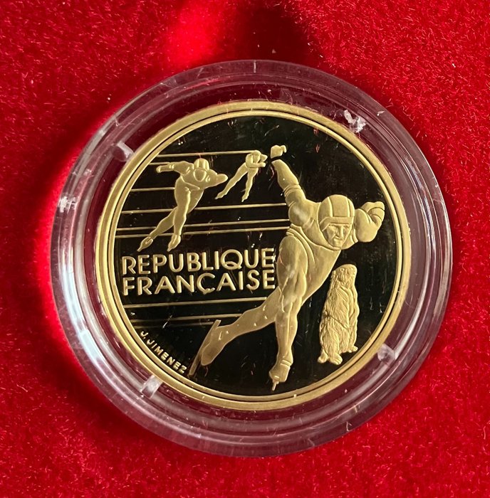 France. 500 Francs 1990 Jeux Olympiques Albertville - Patineurs de Vitesse et Marmotte" Proof