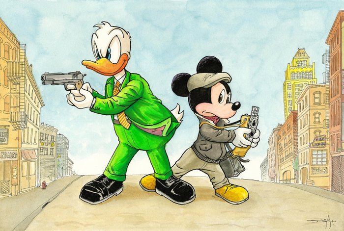 Jordi Juan Pujol - Donald Duck & Mickey Mouse - Tribute to Blacksad by Juanjo Guarnido - Original Painting - Watercolor