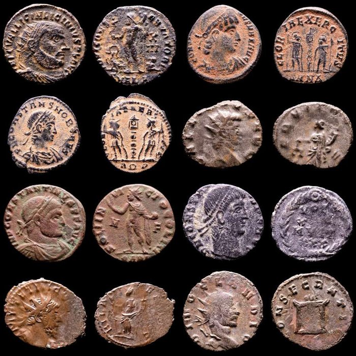 Cesarstwo Rzymskie. Lot comprising eight (8) AE coins:  Antoninianus, Follis, Maiorinas. Antoninianus, Follis, Maiorinas. Licinius I, Constantius II (2), Gallienus, Claudius II, Constantine I (2), Tetricus I  (Bez ceny minimalnej
)