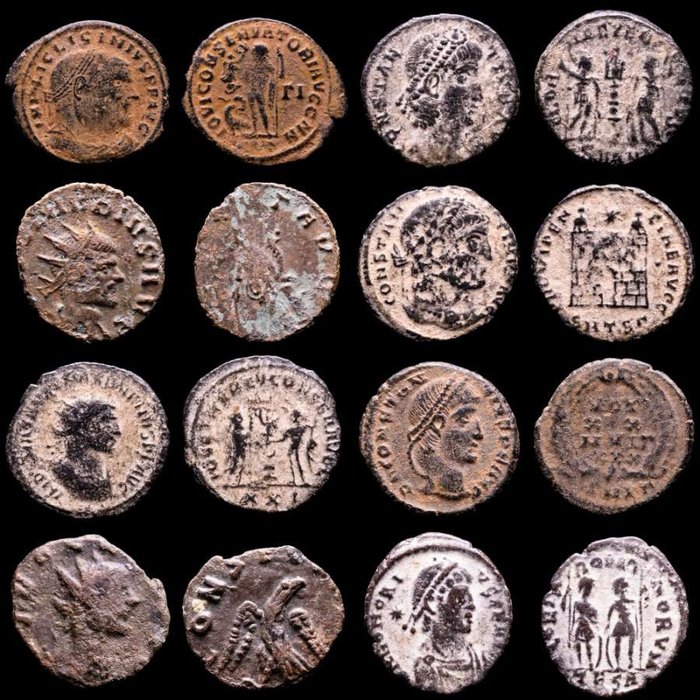 Cesarstwo Rzymskie. Lot comprising eight (8) AE coins:  Antoninianus, Follis, Maiorinas. Antoninianus, Follis, Maiorinas. Licinius I, Constantius II (2), Claudius II (2), Constantine I, Honorius & Maximianus  (Bez ceny minimalnej
)