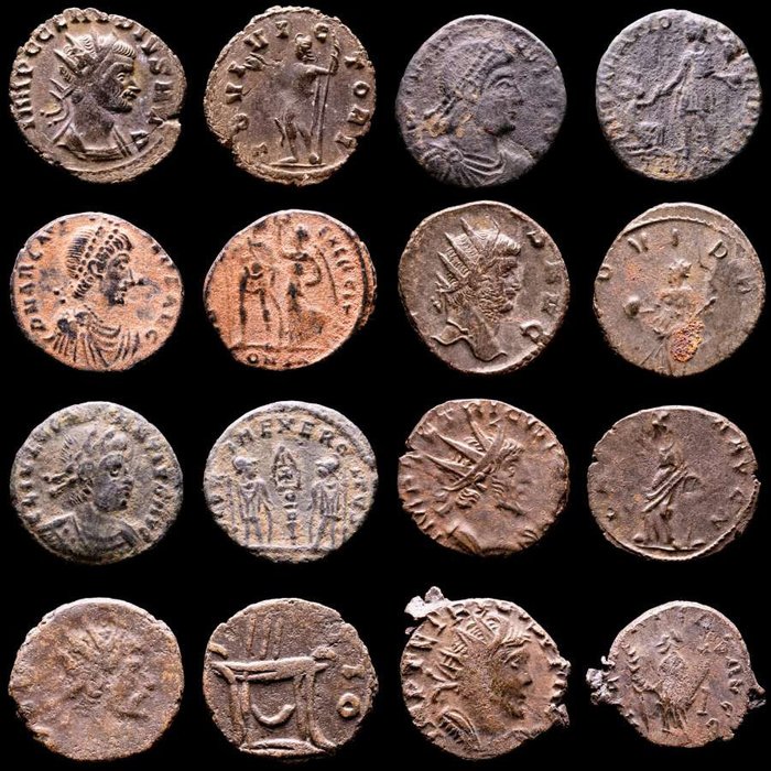 Empire romain. Lot comprising eight (8) AE coins:  Antoninianus, Follis, Maiorinas. Antoninianus, Follis, Maiorinas. Claudius II (2), Magnus Maximus, Arcadius, Gallienus, Tetricus I (2) & Constantius II  (Sans Prix de Réserve)
