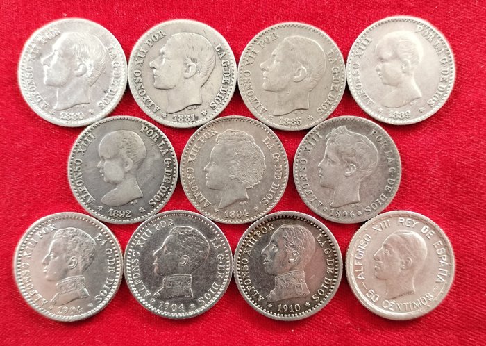 Spanien. Alfonso XII- Alfonso XIII. 50 Cent 1880/1926 (11 monedas)