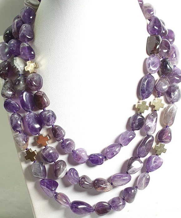 天然紫水晶（镇静、减轻压力）配希腊十字架 - 镀金 925 银胸针 - 项链