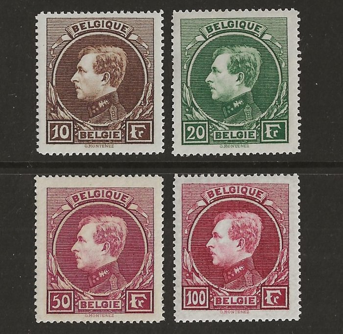 Belgia 1929 - Albert I -tyyppinen Montenez - 10F, 20F, 50F ja 100F Parisian print (t14½) - OBP/COB 289/292