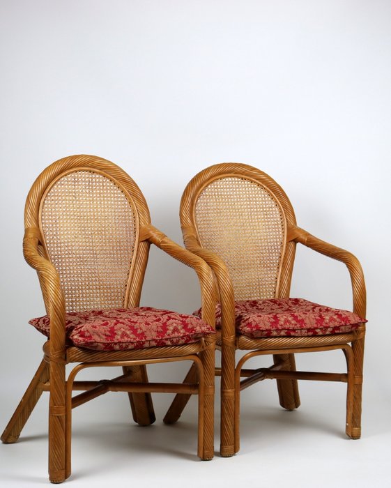 Sessel - Set aus zwei Sesseln aus Bambus und Korbgeflecht mit Kissen