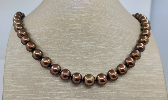 8.5x10.5mm Chocolate Tahitian Pearls Necklace - Halsketting - 14 karaat Geel goud 
