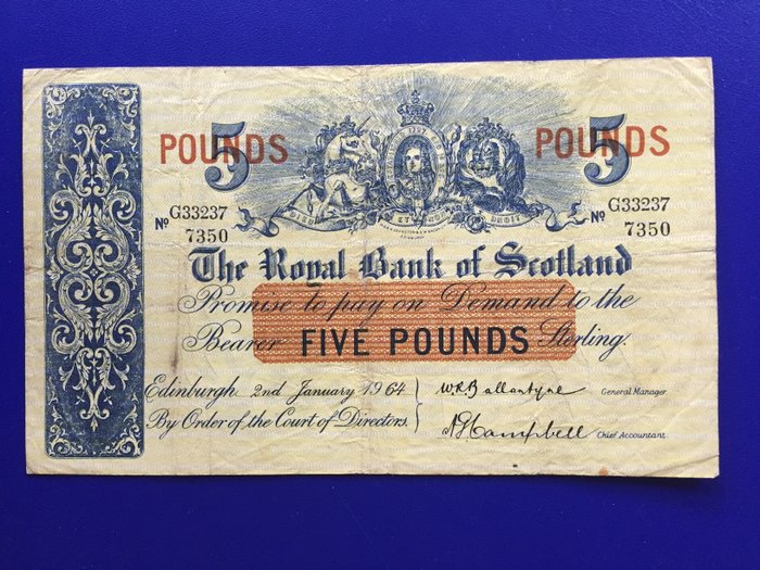 Scotland. - 5 pounds 1964 - Pick 326a  (No Reserve Price)