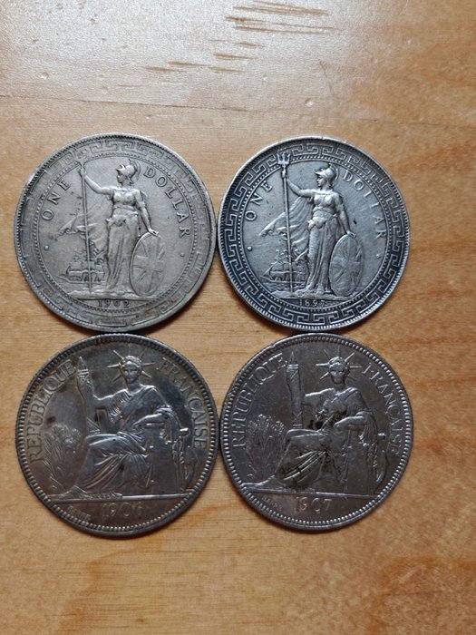 Hong Kong britannique, Indochine française. lots of 4 coins (1897 1902 1906 1907)