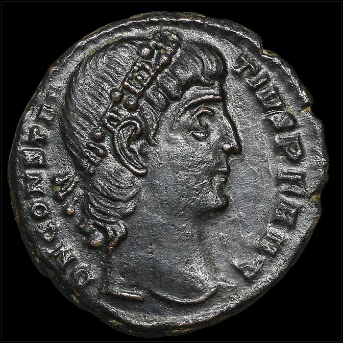 Rooman imperiumi. Constantius II (337-361). AE4 "Powerful portrait" GLORIA EXERCITVS