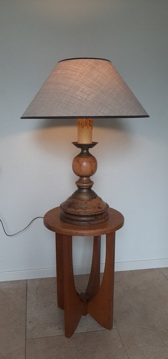 Tafellamp - Houten tafellamp met koperen details. Zonder kap. - Hout, Koper