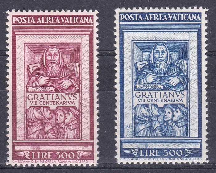 Vatikanstaten 1951 - Air Mail 8. århundrede for "munken Gratians dekret", komplet serie MNH** - Sassone N 20/21