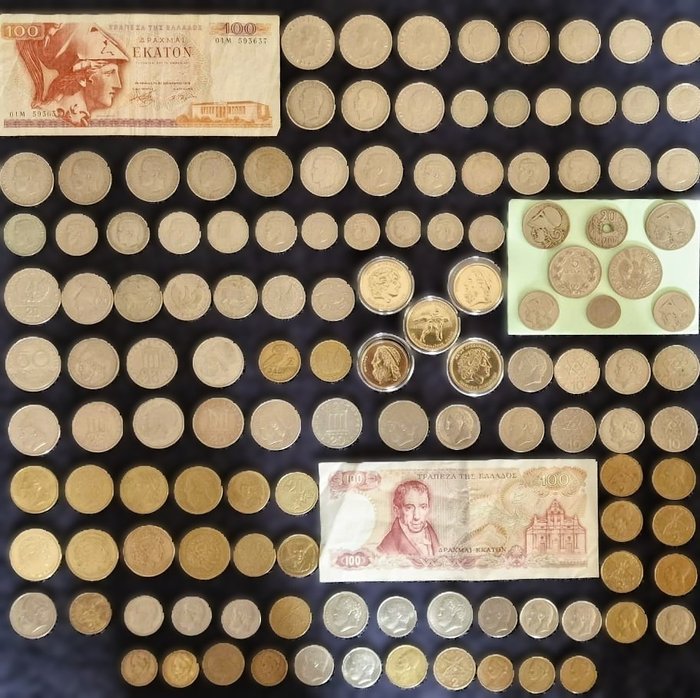 Kreikka. A collection of 125x coins 2nd & 3rd Republic - King Paul I & Constantine II + Vintage Coins & 1912-1994  (Ei pohjahintaa)