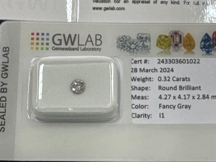 1 pcs 钻石 - 0.32 ct - 圆形 - Fancy gray - I1 内含一级, No reserve price