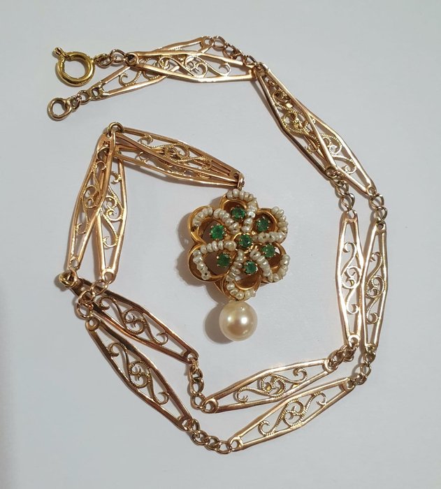 No Reserve Price - Necklace with pendant - 9 kt. Rose gold -  0.60 tw. Emerald - Pearl 