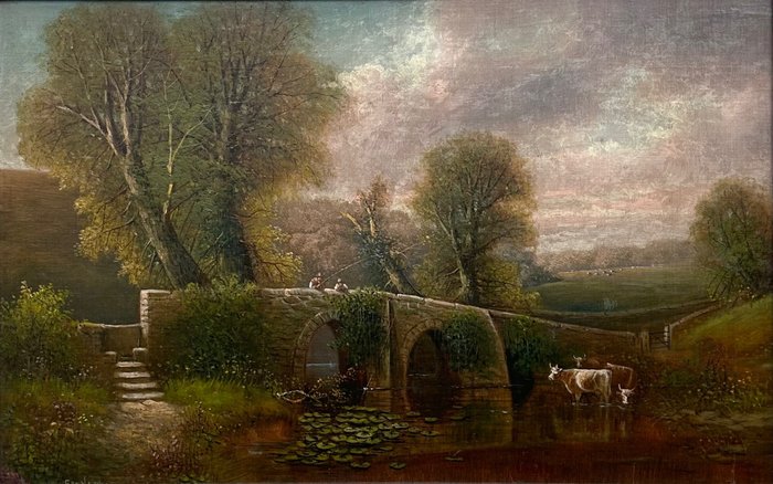 George Harris (1855-1936) - Figures fishing from a bridge
