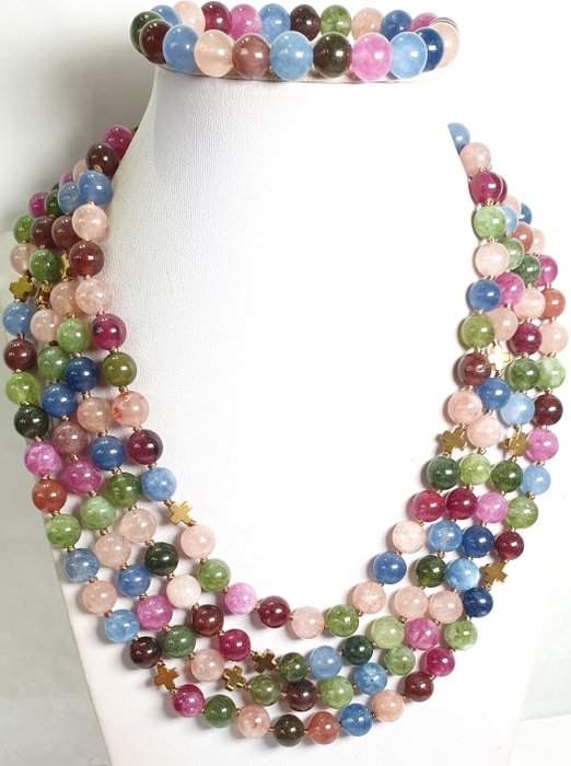 Aquamarine, peridot, rose quartz, garnet, pink tourmaline, carnelian... 925 silver brooch - Necklace