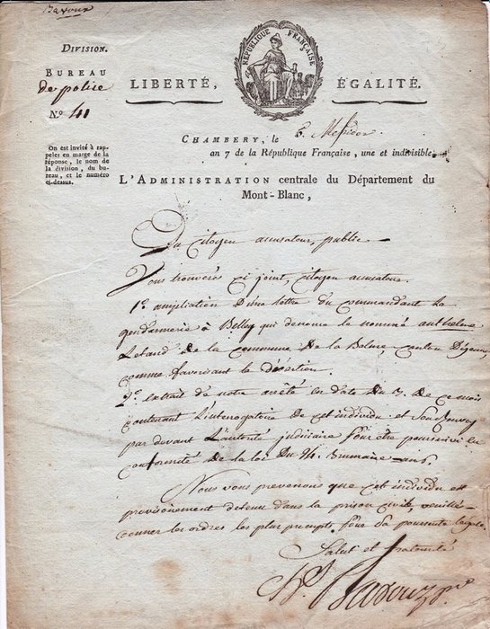 [Chambéry - Révolution Française] Département du Mont-Blanc - Lettre autographe signée au Citoyen Accusateur Public - 1799
