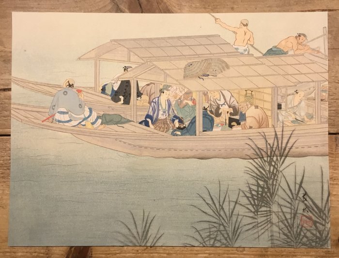 Een geheime vergadering van de Ronins tijdens een boottocht op de Sumida rivier. (隅田川舟中会議) - Isoda Choshu (1880-1947) - Giappone