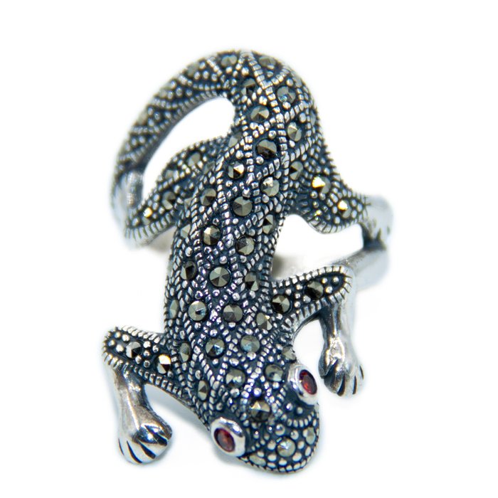 Sans Prix de Réserve - Handmade Salamander Silver Ring with Garnet Eyes - Bague Argent Grenat 