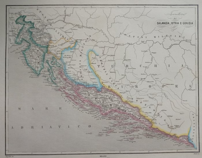 歐洲, 地圖 - 克羅埃西亞/波士尼亞與赫塞哥維納/伊斯特拉半島; P. Allodi - Territori di Dalmazia, Istria e Gorizia - 1861-1880