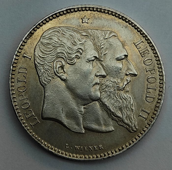 比利时. Leopold II (1865-1909). 2 Francs 1880 - zeldzame variant met kleine punt L.Wiener
