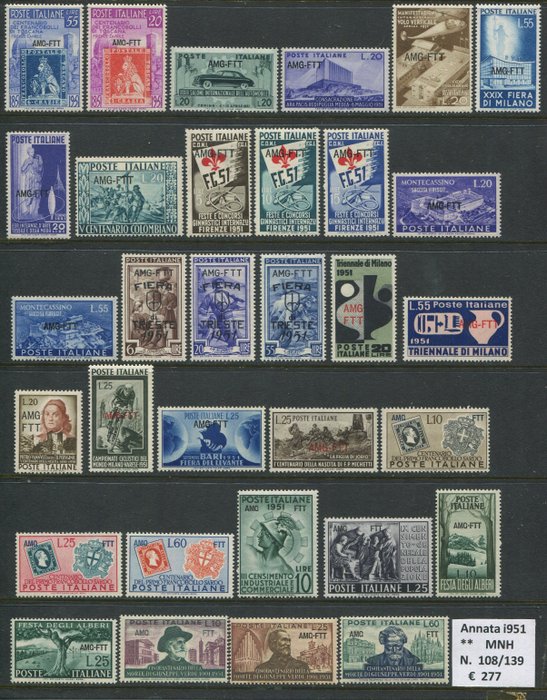 Triest - Zone A 1951/1954 - Die 4 vollständigen Jahre der Periode, 101 intakte und sehr frische Briefmarken. - Sassone N. 108/208