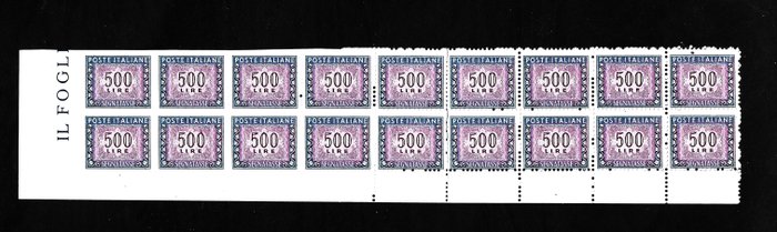 Italia 1981 - Segnatasse 500 £. Blocco di 18 esemplari con diverse varietà. - Catalogo Sassone 2016 varietà