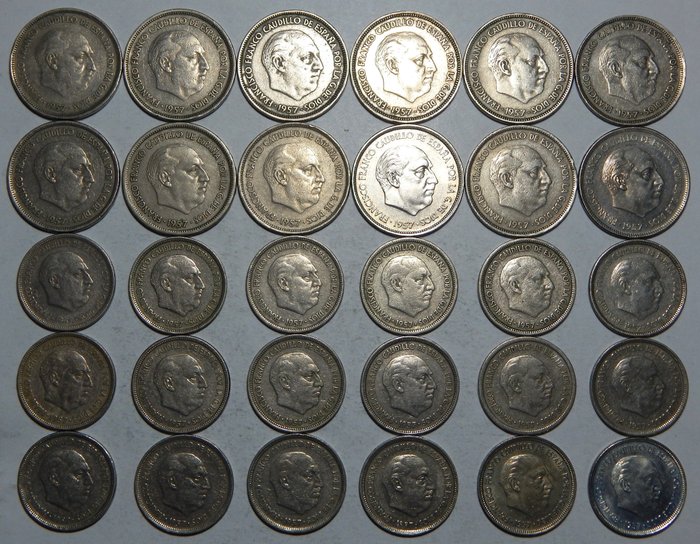 西班牙. Francisco Franco. 5 y 25 Pesetas 1957 *58 a 1957 *75. Lote de 30 monedas. Serie completa de 5 Pesetas  (没有保留价)