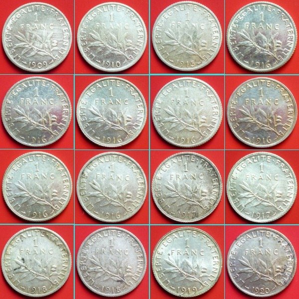 Francja. Lot of 16 silver coins 1 Franc Semeuse 1909/1920  (Bez ceny minimalnej
)