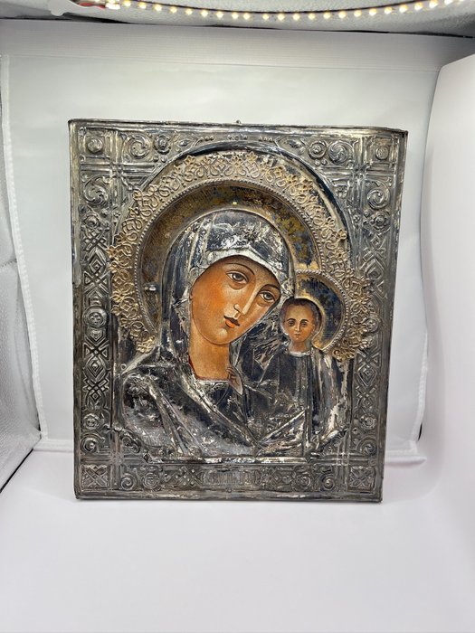 Ikone - Jungfrau Maria mit Kind - Holz und Silber