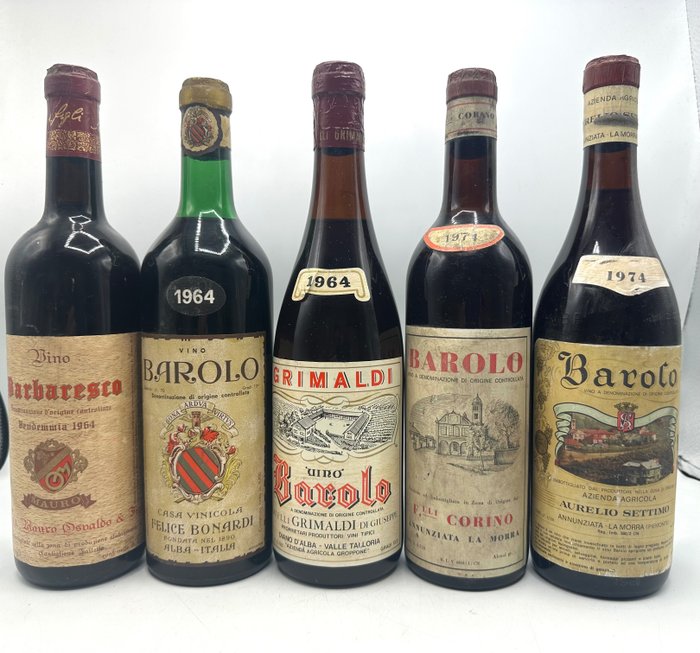 1964 Felice Bonardi, 1964 Grimaldi, 1974 F.lli Corino, 1974 Aurelio Settimo Barolo & 1964 Mauro Osvaldo - Piemont - 5 Bottles (0.75L)