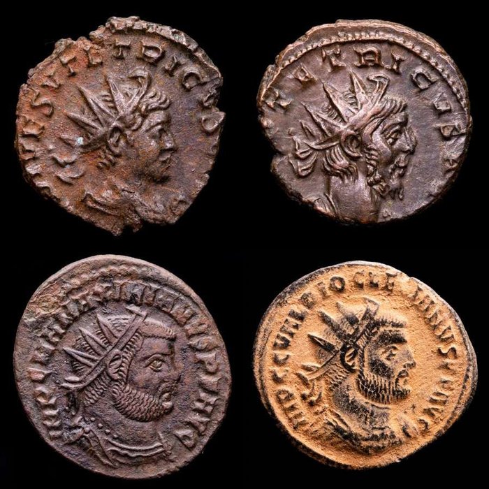 Romarriket. Tetricus I, Tetricus II, Maximianus, Diocletian.. Lot comprising four (4) antoninianus  (Ingen mindstepris)