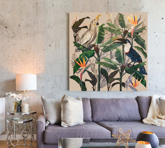 Artemisia - Jungle Light N°4 - Cockatoo and Touchan Fern - Tropical - Art-Deco - Organic Floral, L