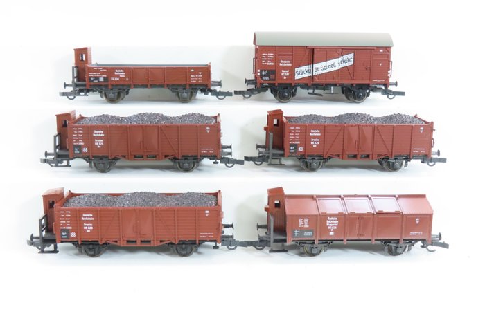 Roco H0 - o.a. 46280/46277 - Modellbahn-Güterwagen (6) - 4 offene Kastenwagen, 1 geschlossener Wagen und 1 Klappdeckelwagen - DR (DDR)
