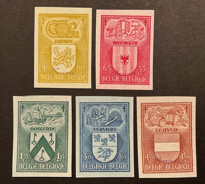 Belgia 1946 - Tummenemista estävät postimerkit - Vaakunat ja teollisuudenalat - Täydellinen valikoima KÄSITTÄMÄTÖN - OBP 743/746